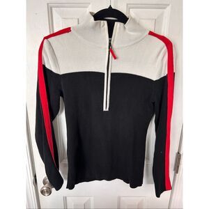 Ralph Lauren Color Block 1/4 zip Sweater~Logo Crest Sleeve Black/Cream/Red~PS